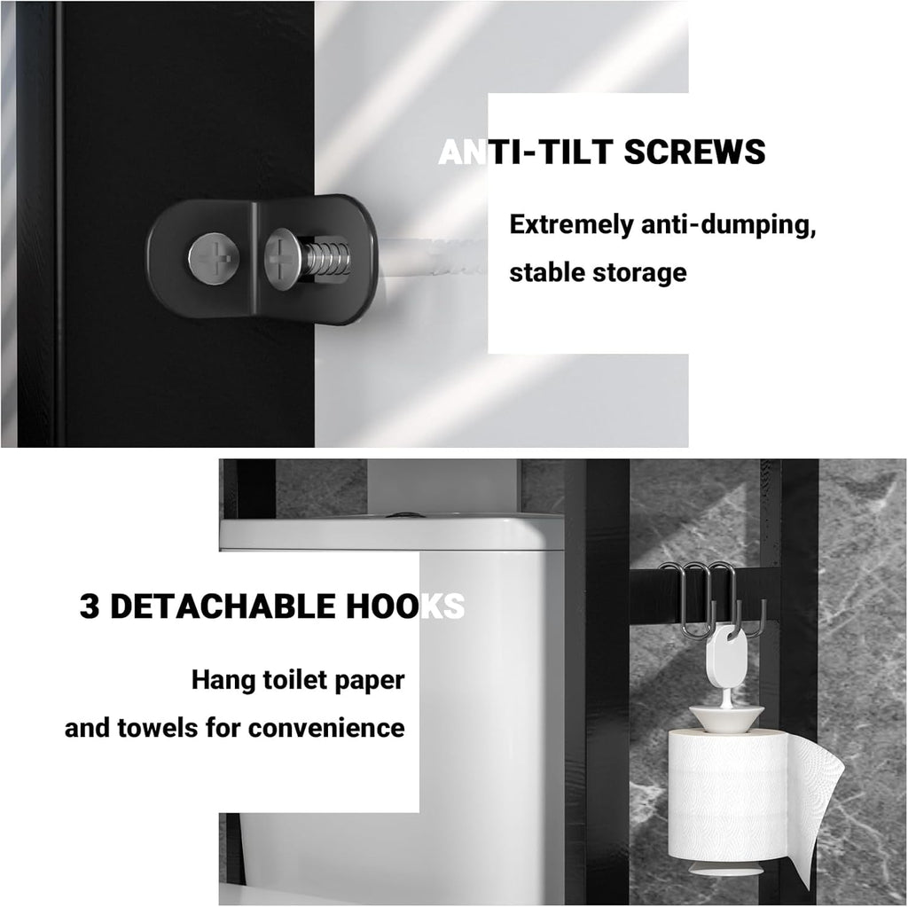 Homykic Bamboo Over The Toilet Storage Shelf, 3-Tier Above Toilet Storage Organizer Rack with 3 Hooks, Freestanding Bathroom Tower Shelf Unit for Small Space, No Rust, Easy to Assemble, Black