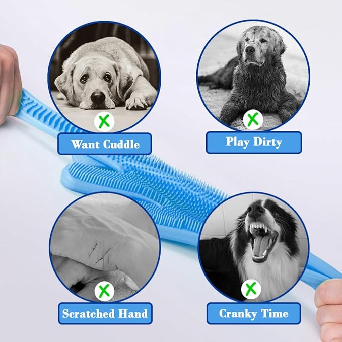1TO3GO Pet Grooming Gloves Pet Hair Remover Cat, Dog Washing Gloves Silicone Heat Resistant Cleaning Gloves with High-Density Teeth Grooming Gloves for Dogs, Cats, Horses, Rabbits (2 Pairs - Blue)