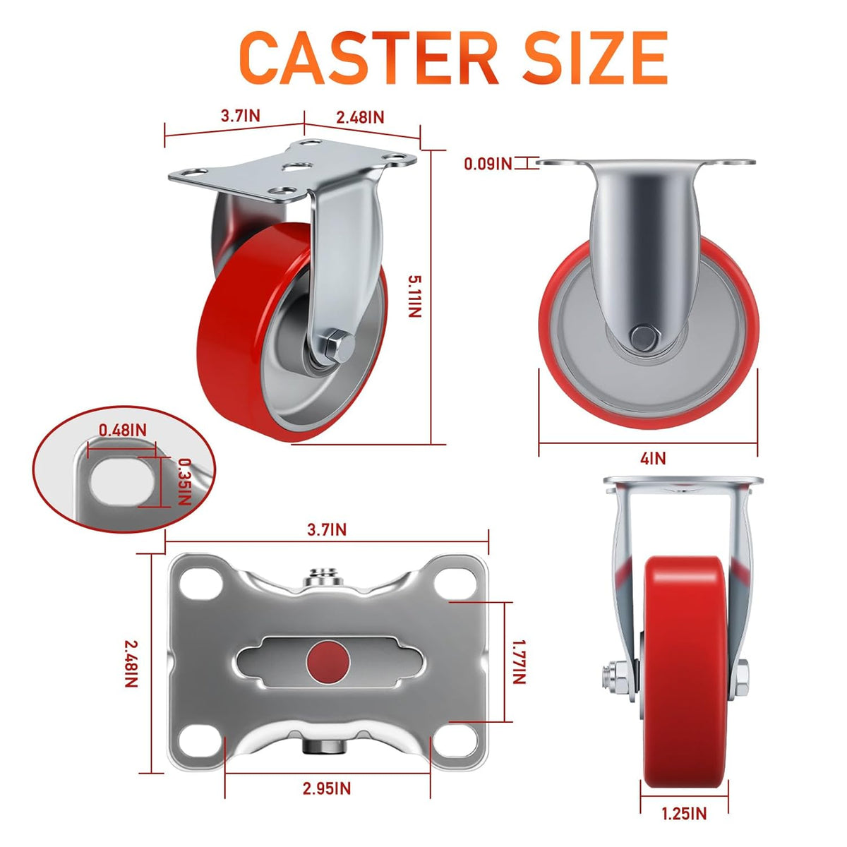 4 Inch Caster,Heavy Duty Caster Wheels Set of 4,Load 2000 Lbs,Polyurethane Steel Wheels,Swivel Wheels with Brake for Trolleys,Warehouse Cargo Handling,Workbench Moving(2Brake&2Rigid)
