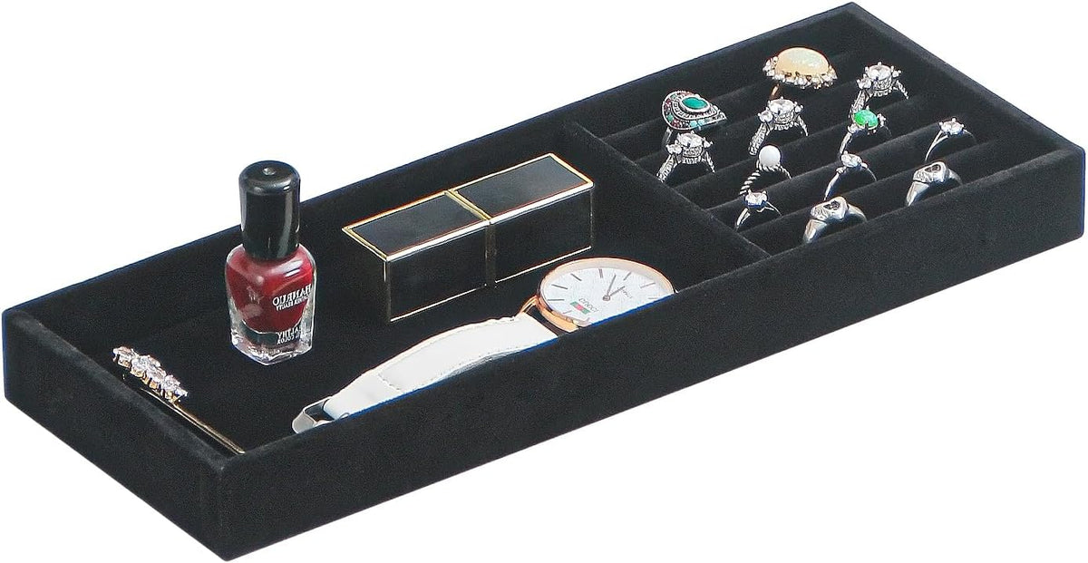 Divided Drawer Organizer - Velvet Jewelry Storage Tray for Necklace, Bracelet, Ring, Earring Display - Bedside Nightstand Desk Holder for Phone, Watch, Sunglasses, Cosmetics Storage - Black, 2 Grid