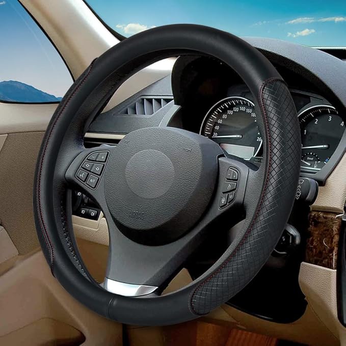 VARGTR Steering Wheel Cover - Microfiber Leather, Classic Embossing, Anti-Slip Breathable, Fit 15 Inch (Black & Red Line)