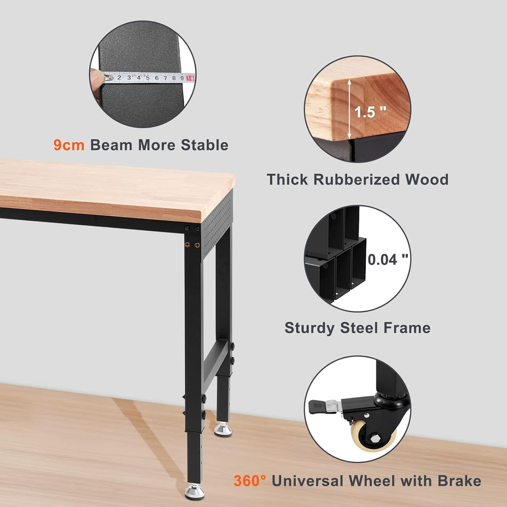VEVOR Workbench for Garage 72" Adjustable Workbench, Heavy-Duty Hardwood Worktable with Universal Wheels, 3000 LBS Load Capacity, with Power Outlets, for Workshop, Garage, Office and Home