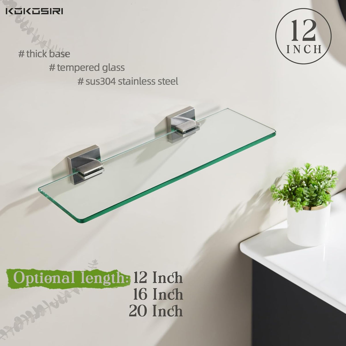 KOKOSIRI Wall Shelves Floating Bathroom Glass Shelf for Kitchen Storage, 12'' x 5.6'' Tempered Glass Wall Mounted Brushed Stainless Steel B1106BR-L12