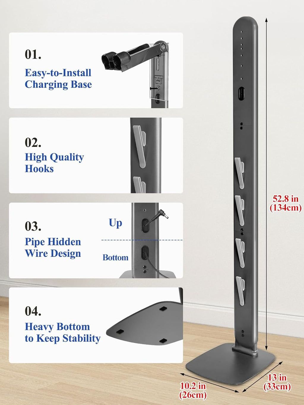 Sturdy Metal Vacuum Stand Compatible with Dyson Gen5 V15 V12 V11 V10 V8 V7 V6, Freestanding Bracket Standing Holder with Hidden Cable Design, Space-Saving Storage Rack for Cordless Vacuums