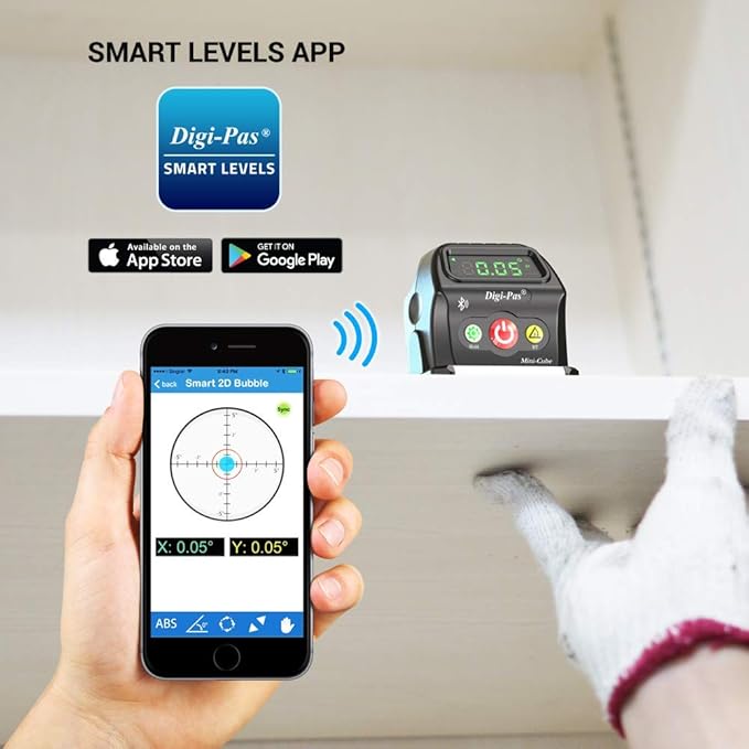 Digi-Pas 2-Axis Smart Cube Level, WIRELESSLY displays leveling status on