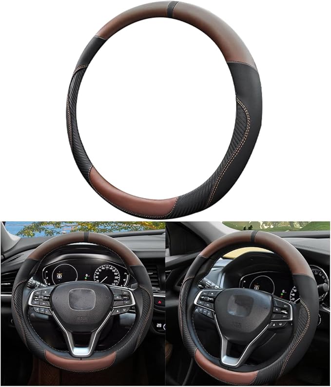 Mandark Car Steering Wheel Cover, 15 Inchs Microfiber Leather Non-Slip Vehicle Steering Wheel Protector, Breathable Auto Interior Protection Accessories, Universal for SUV Sedan Truck (Black/Brown)