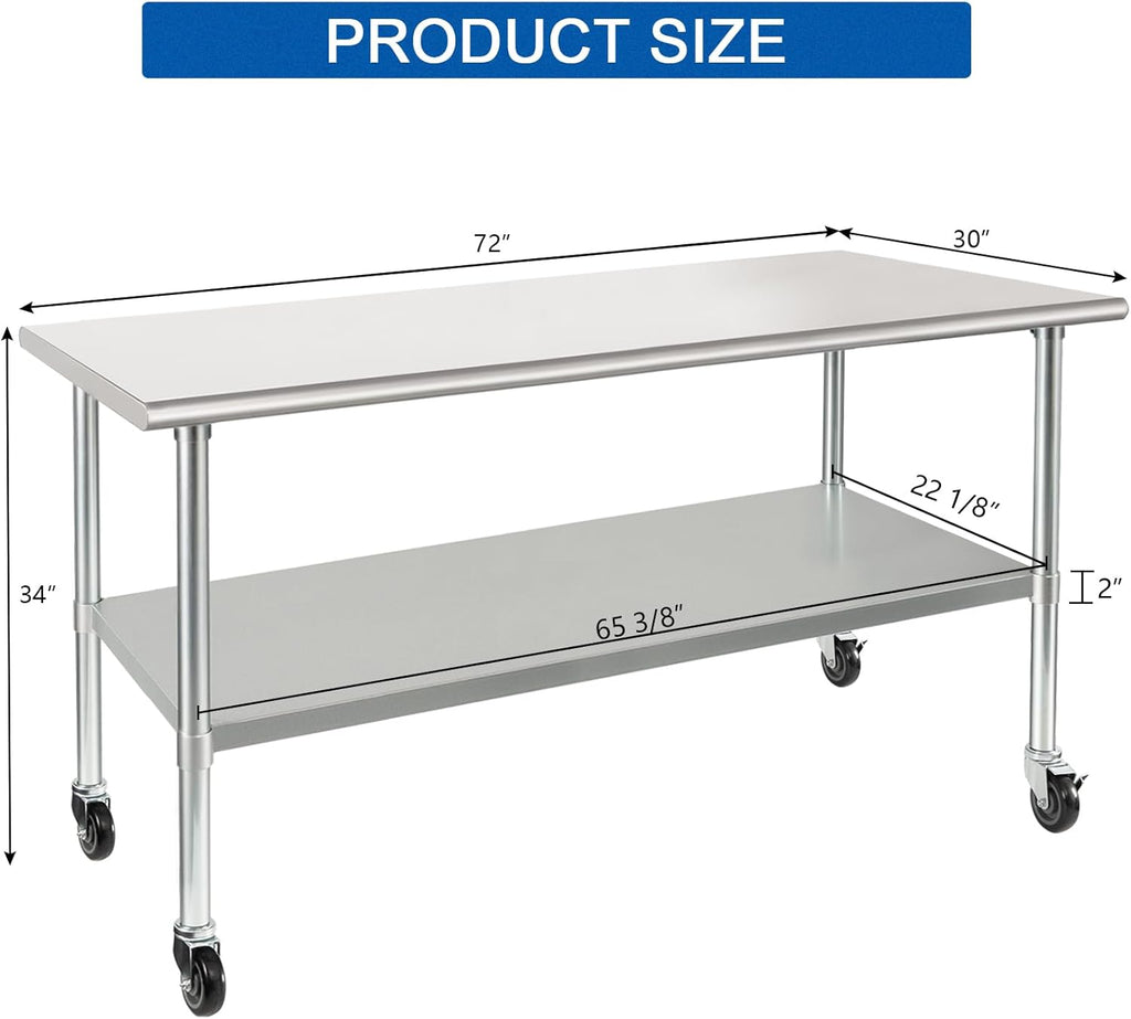 HARDURA Stainless Steel Table with Wheels 30 x 72 Inches Casters NSF Heavy Duty Commercial Prep Table with Undershelf and Galvanized Legs for Food Prep