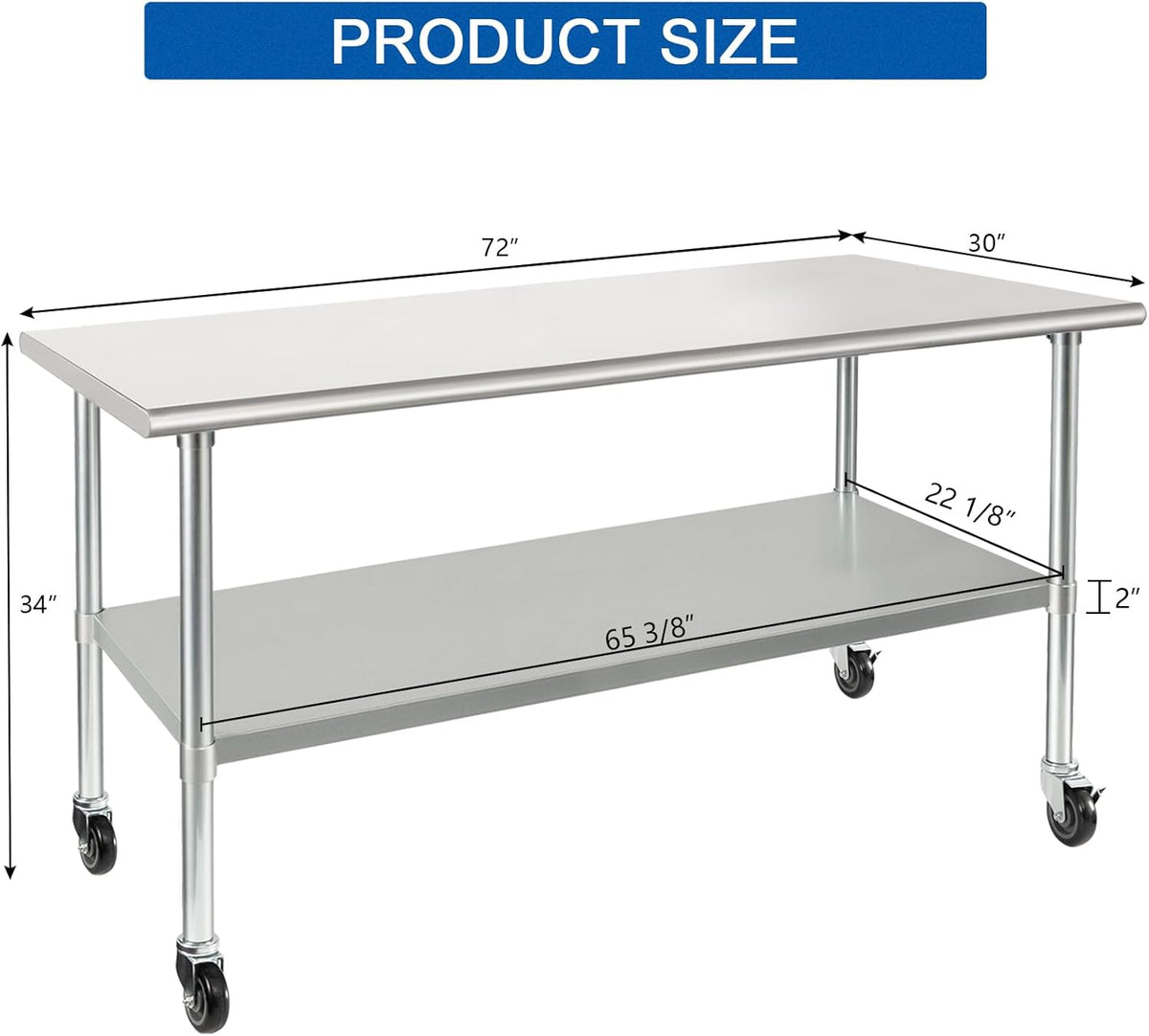 HARDURA Stainless Steel Table with Wheels 30 x 72 Inches Casters NSF Heavy Duty Commercial Prep Table with Undershelf and Galvanized Legs for Food Prep