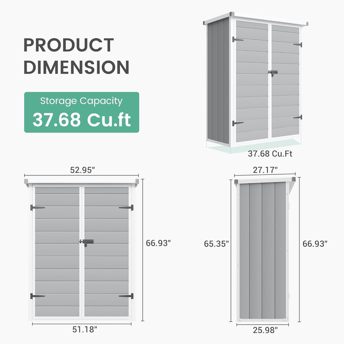 UDPATIO 38 Cu.ft Vertical Storage Shed, 4.3 ft x 5.6 ft Resin Outdoor Shed Waterproof Plastic Storage Cabinet for Garden, Backyard, Lawn, Grey