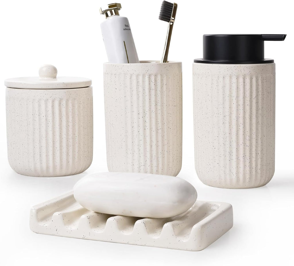 BosilunLife Ceramic Bathroom Accessories Set - Bathroom Counter Soap Set Beige Bathroom Decor Sets Accessories Bathroom Lotion Soap Dispenser and Toothbrush Holder Set, Soap Dish, Apothecary Jars