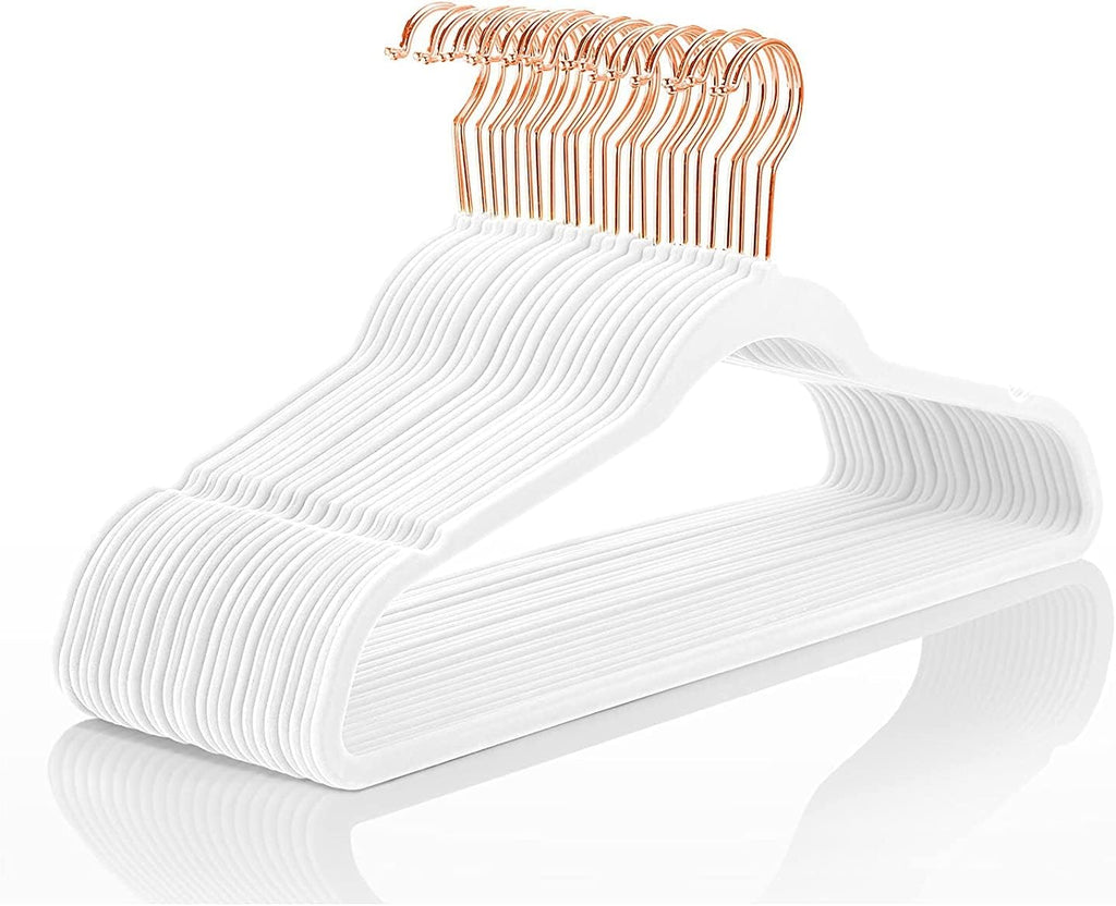 MIZGI Premium Velvet Hangers (60 Pack) Heavy Duty - Non Slip Felt Hangers - Velvet Suit Hanger White - Rose Gold Hooks,Space Saving Clothes Hanger