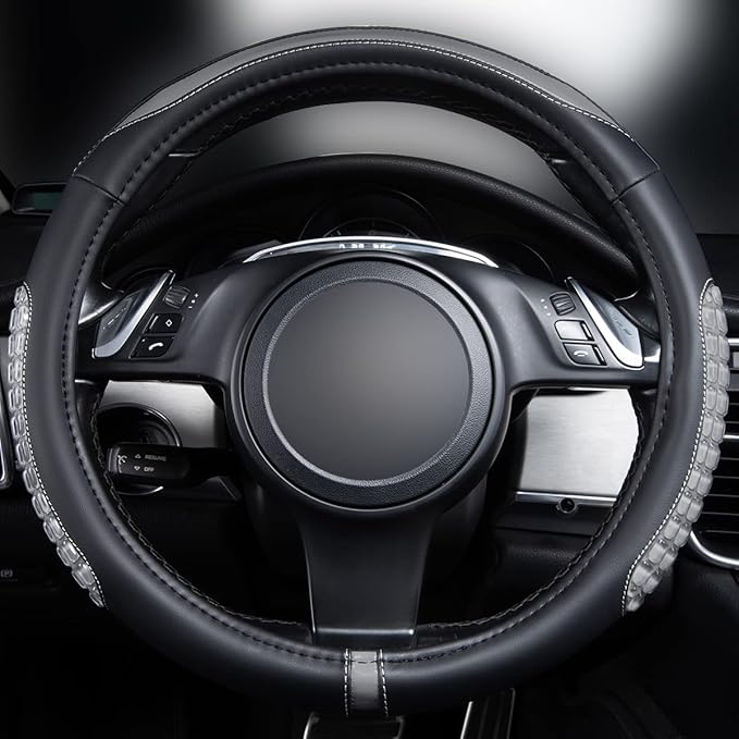 Flying Banner car Steering Wheel Cover Gel Massage Velvet Cool Warm Universal Size 15 inches SUV Truck Anti Slip Odorless Summer Winter (Black Gray, Gel Massage)