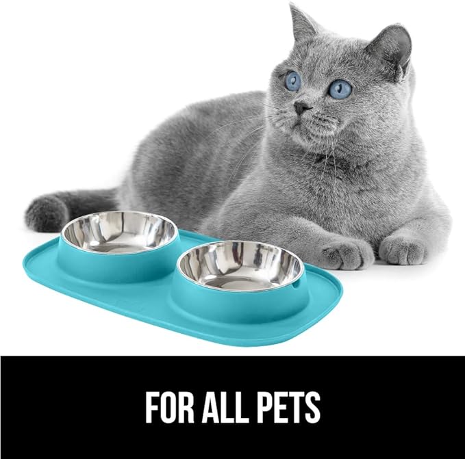GORILLA GRIP Feeding Mat Set, 3 Cup, Patent Pending 100% Waterproof BPA Free Silicone, Stainless Steel Cat and Dog Bowls, Slip Resistant, Edges Catch Water Food, US Designed Pet Accessories, Turquoise