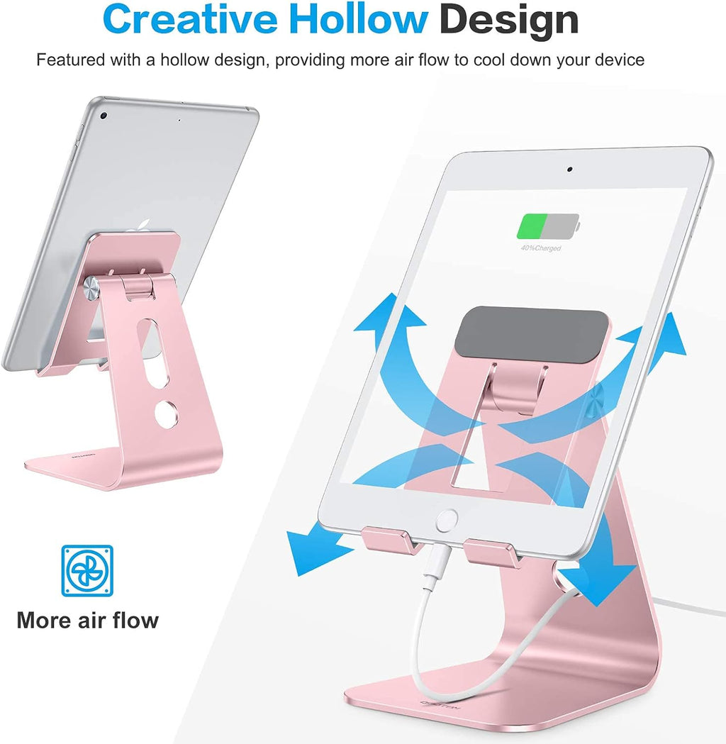 OMOTON Adjustable Tablet Stand for Desk, Upgraded Longer Arms for Greater Stability, T2 Tablet Holder with Hollow Design for Bigger Sized Phones and Tablets Such as iPad Pro/Air/Mini, Rose Gold