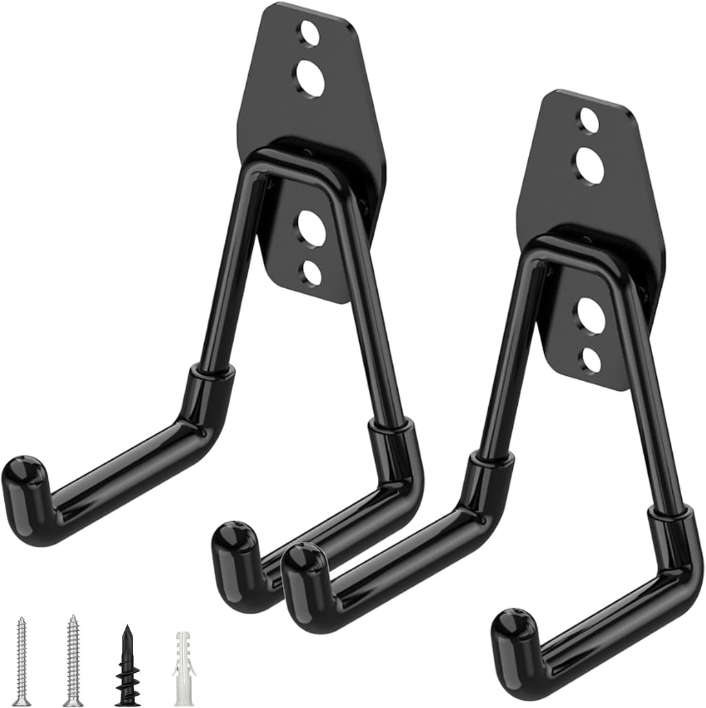 TICONN 2 Pack Heavy Duty Garage Hooks, Steel Utility Wall Storage Hooks, Wall Mount Hanger Organizer for Ladders, Bikes, Tools, Bulky Items (Small, Black Square)