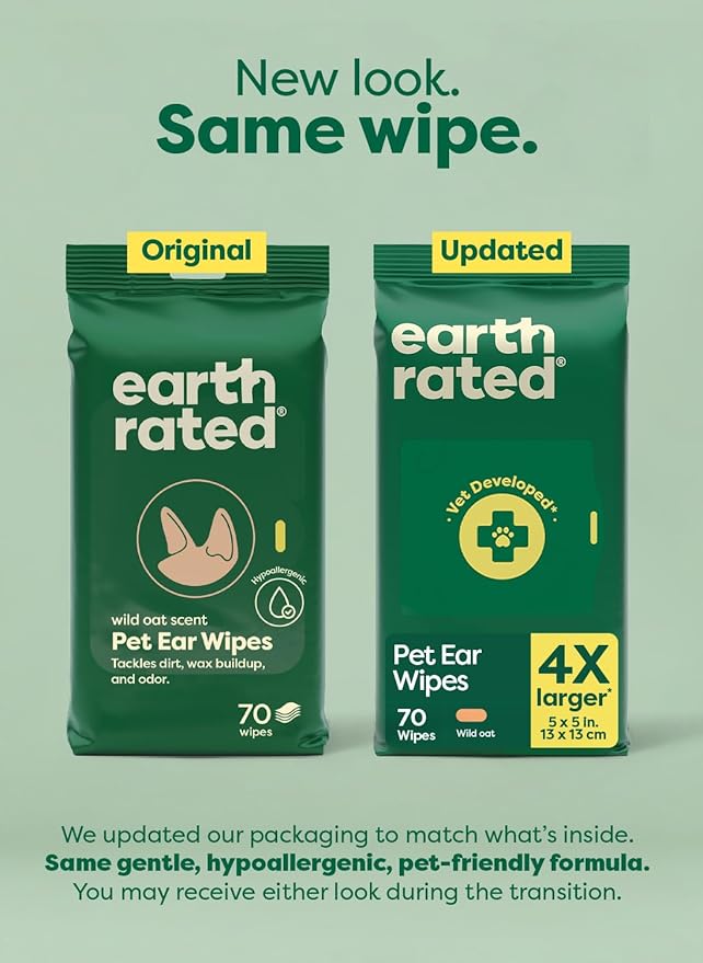 Earth Rated Vet-Developed Pet Ear Wipes, Hypoallergenic Cleaner for Dogs & Cats Ears to Remove Dirt and Wax Build Up, Wild Oat Scent, 70 Count