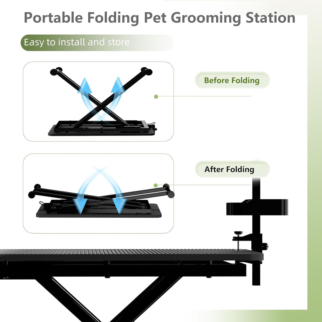 VFK 47" Adjustable Dog Grooming Table with Storage Box & Metal Basket Manual Height-Adjustable Black Pet Grooming Table for Dogs at Home Use, Waterproof Scratch-Resistant Surface, X-Frame Design