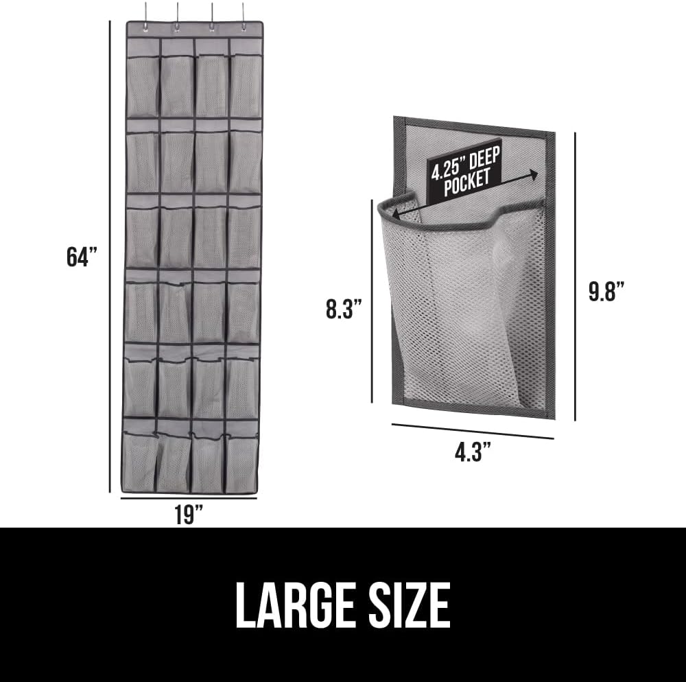 GORILLA GRIP Over the Door Shoe Organizer, 2 Pack, 24 Breathable Mesh Pockets, Space Saving Hanging Storage Holder, Closet Rack Hanger Holds Up to 40 lbs, Hangs on Closets, Shoes, Accessories, Gray