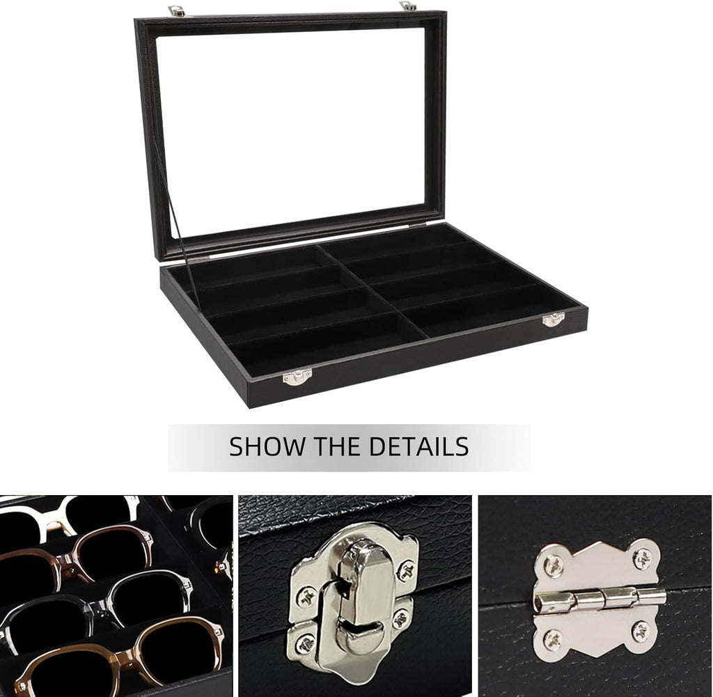 Wudygirl Jewelry and Sunglass Organizer - 8 Slot Storage With Clear Lid, Leather Eyeglasses Display for Women and Men (8 Grid)