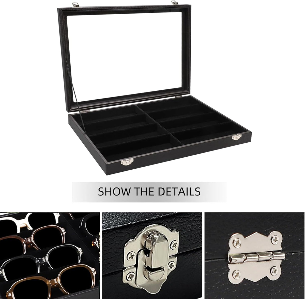 Wudygirl Jewelry and Sunglass Organizer - 8 Slot Storage With Clear Lid, Leather Eyeglasses Display for Women and Men (8 Grid)