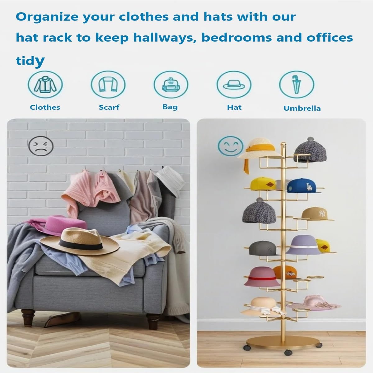 Hat Rack Stand 30-Hooks, Hat Display Stand Metal,Hat Display for Stores， Home or Store of Standing hat Rack(Gold,6th Floor)