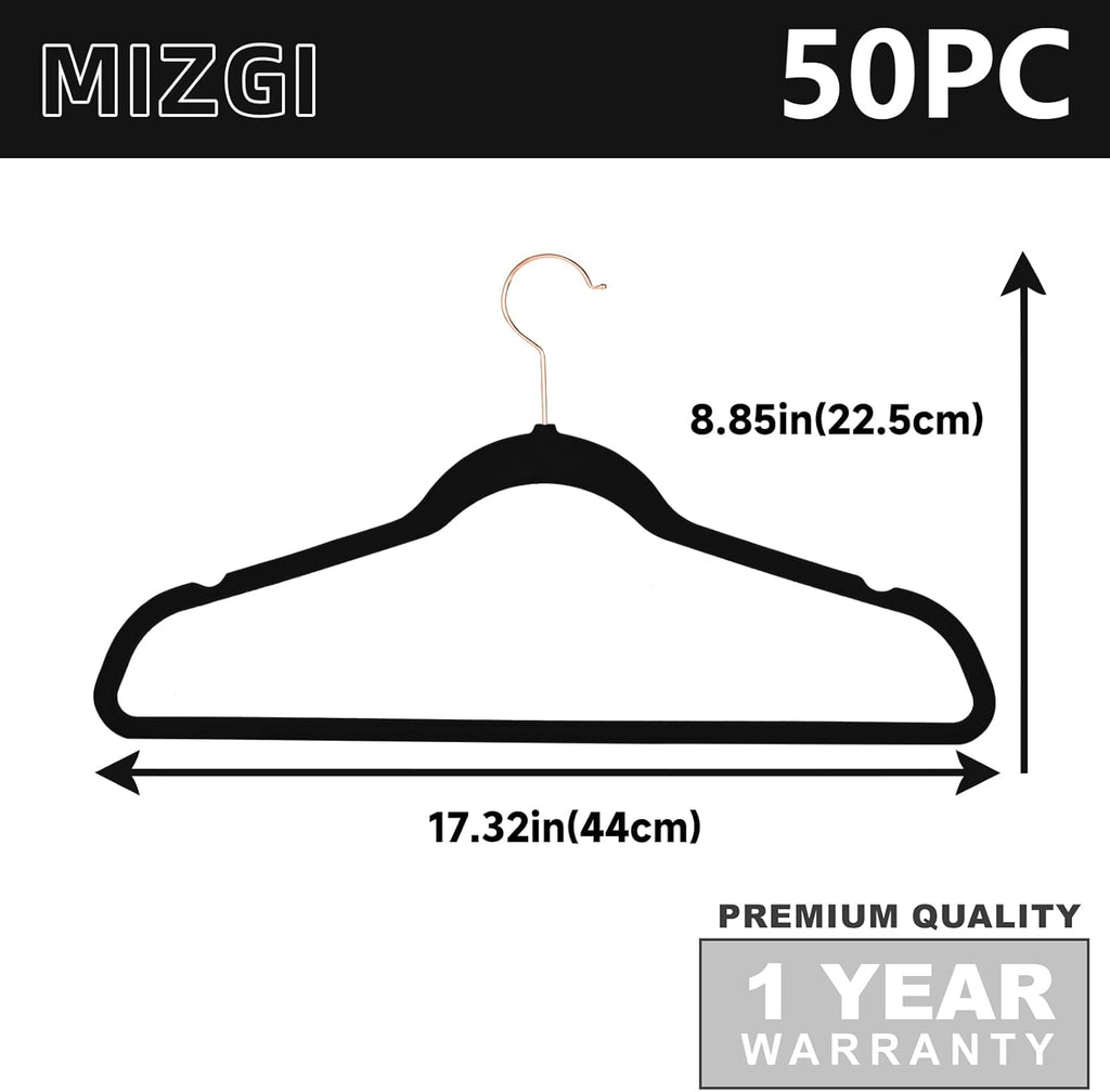 MIZGI Premium Velvet Hangers (50 Pack) Heavy Duty - Non Slip Felt Hangers - Velvet Suit Hanger Black - Rose Gold Hooks,Space Saving Clothes Hanger