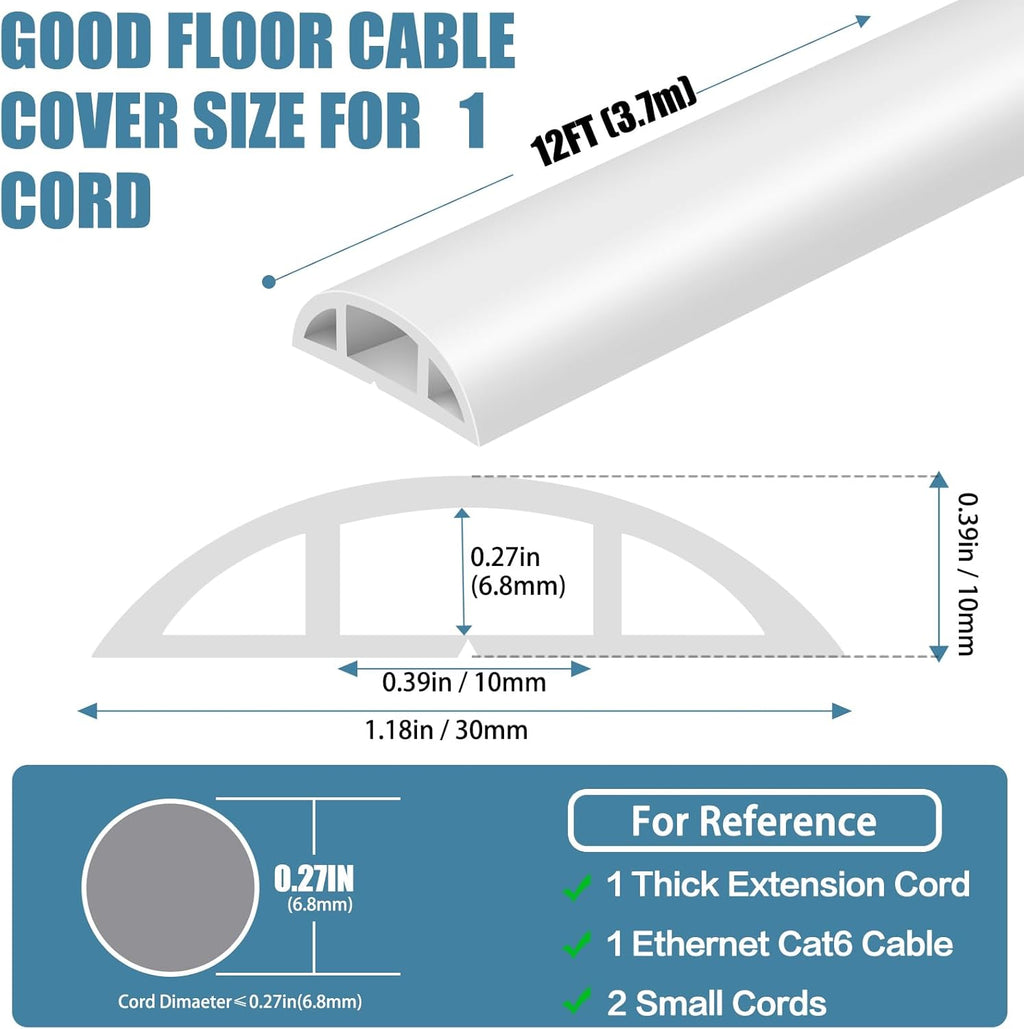 Floor Cord Covers for Wires 12FT Cable Hider Wire Cover Self Adhesive Cord Hider Floor for Offices, Homes, Workshops, Warehouses Cable Cavity 0.39" W x 0.27" H