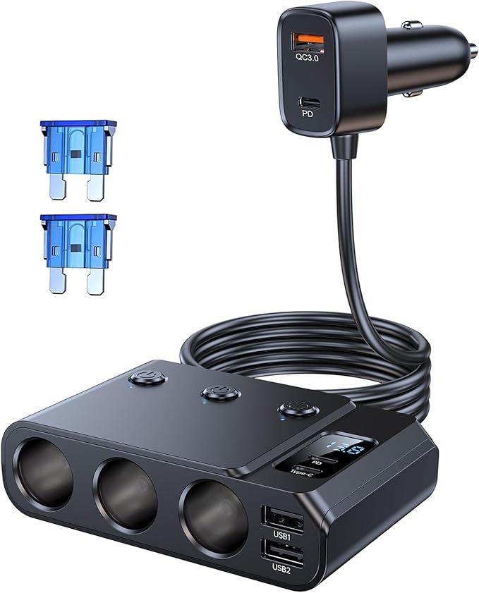 9 in 1 Cigarette Lighter Splitter, USB C Car Charger Adapter with PD30W, 3 Sockets with Independent Switches, LED Voltmeter 12V Power Outlet TSNAM