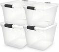 HOMZ 4-Pack Latching Lid, Large Clear Plastic Storage Bins with Lids, 31 Quart, Gray Latch - Stackable Container Boxes for Home, Bathroom, and Office Organization