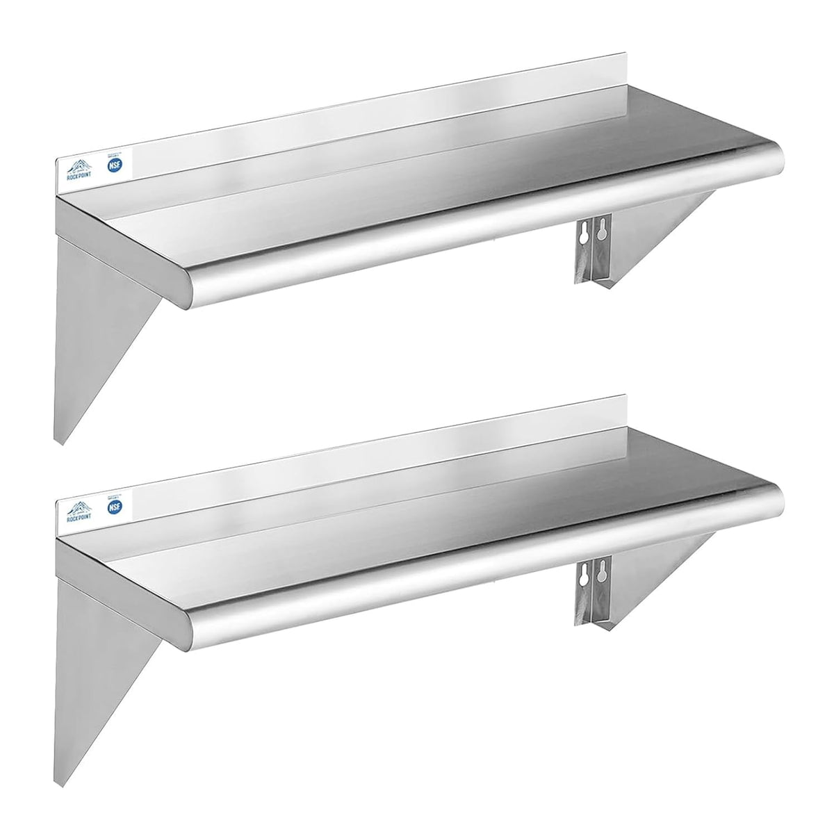 ROCKPOINT Stainless Steel Shelf 10 x 48 Inches 280lb, 2 Pack NSF Metal Commercial Shelves Wall Mount Floating Shelving with Backsplash for Restaurant, Kitchen, Home and Hotel, Silver