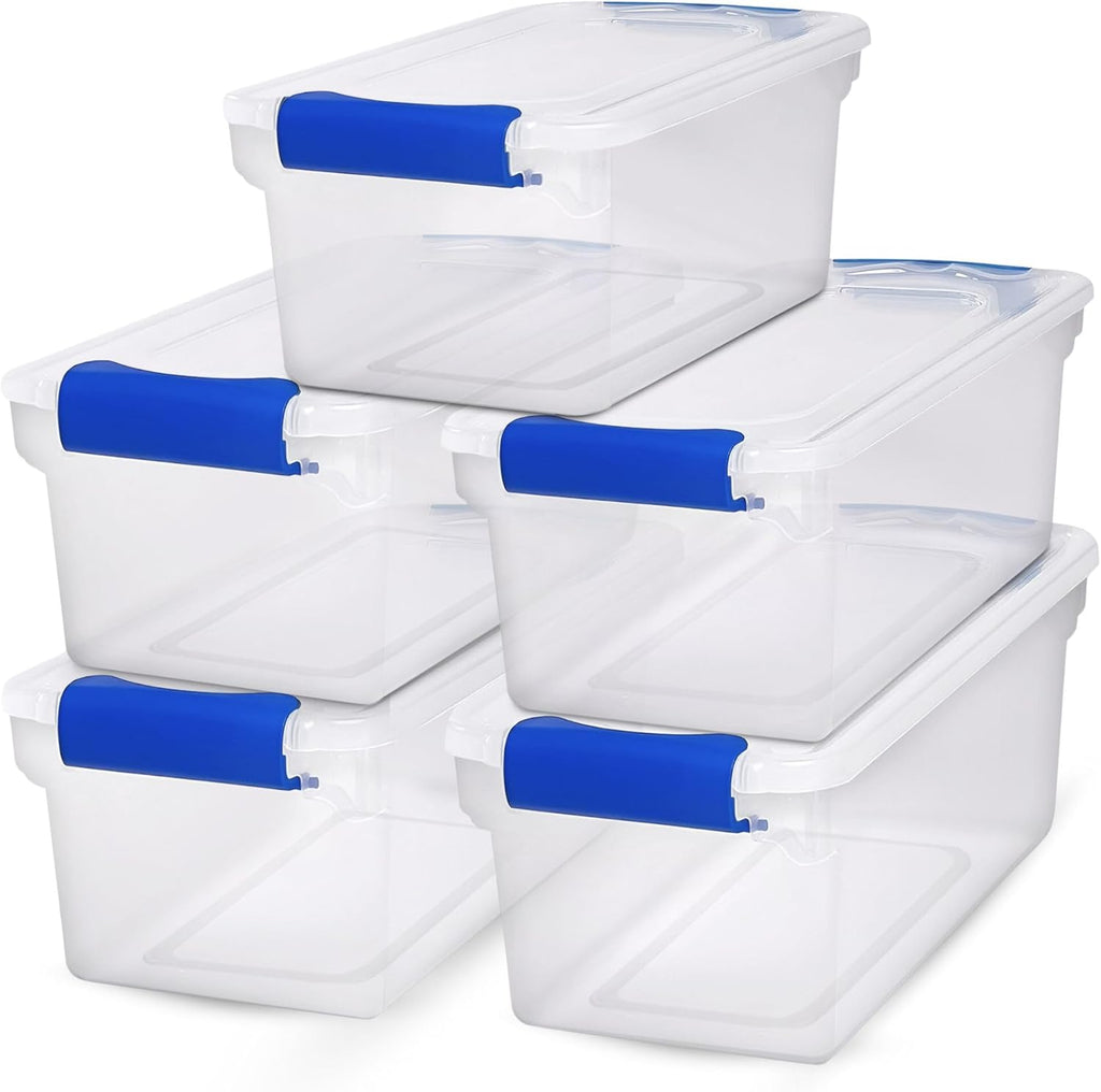 HOMZ 5-Pack Latching Lid, Clear Plastic Storage Organizer Bins, 7.5 Quart, Blue Latch - Stackable Organizing Containers for Home, Garage, and Office