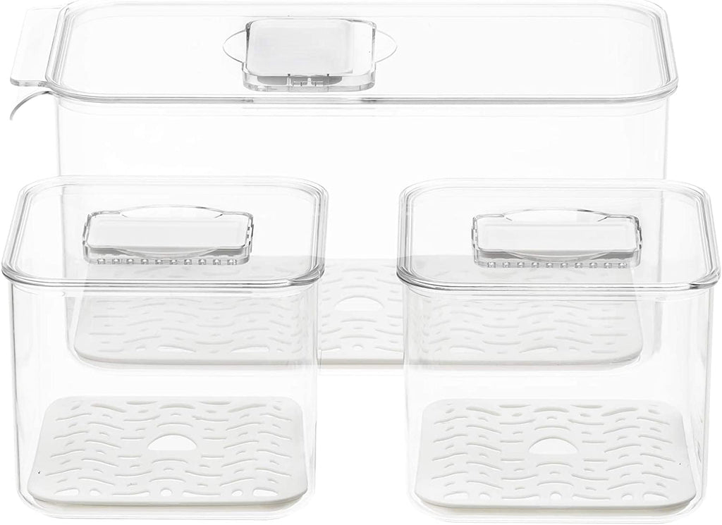 Slideep Food Storage Containers Produce Saver with Lids, Stackable Refrigerator Freezer Organizer Bins with Removable Drain Tray, Fridge Fresh Keeper for Veggie, Berry, Fruits, Vegetables 3 Pack