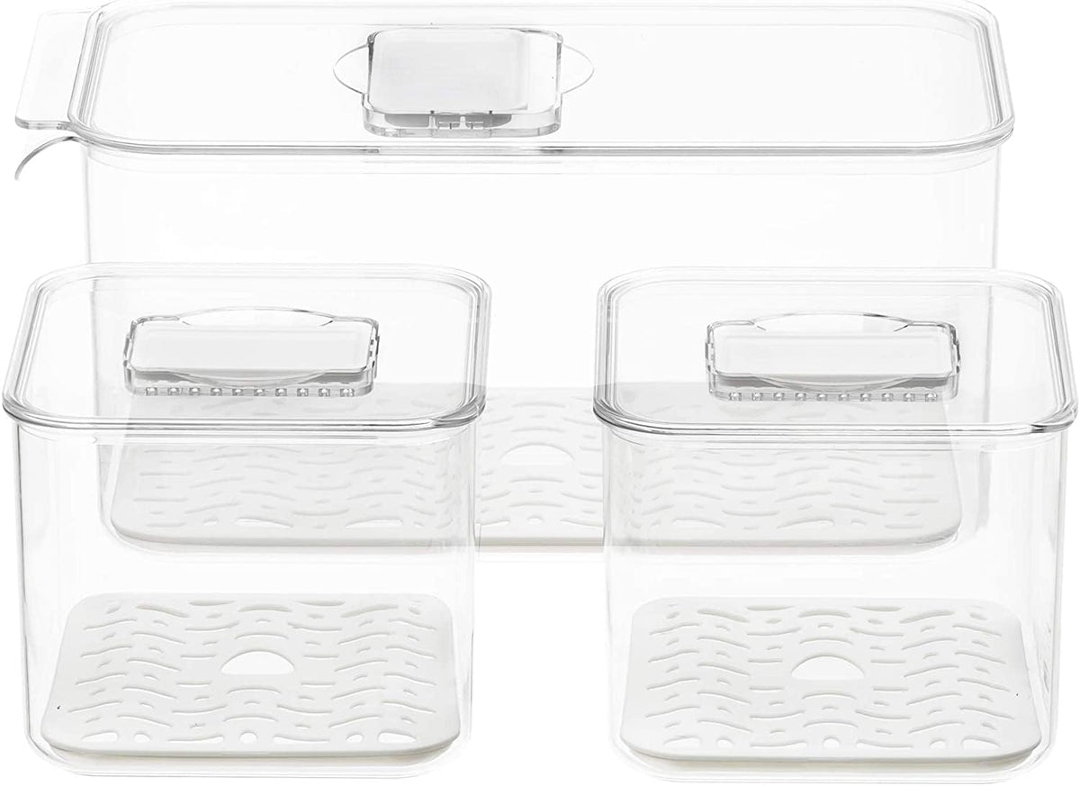Slideep Food Storage Containers Produce Saver with Lids, Stackable Refrigerator Freezer Organizer Bins with Removable Drain Tray, Fridge Fresh Keeper for Veggie, Berry, Fruits, Vegetables 3 Pack