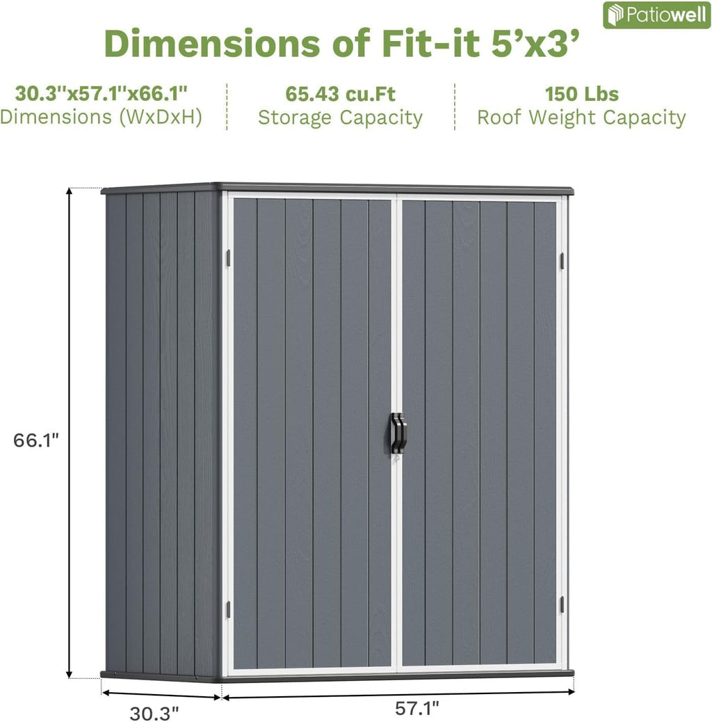 Patiowell Outdoor Storage Shed 5x3 FT, Plastic Garden Organizer Cabinet with Lockable Doors & Strong Roof for Patio Furniture, Pool Accessories, Lawn Tools, Dark Grey