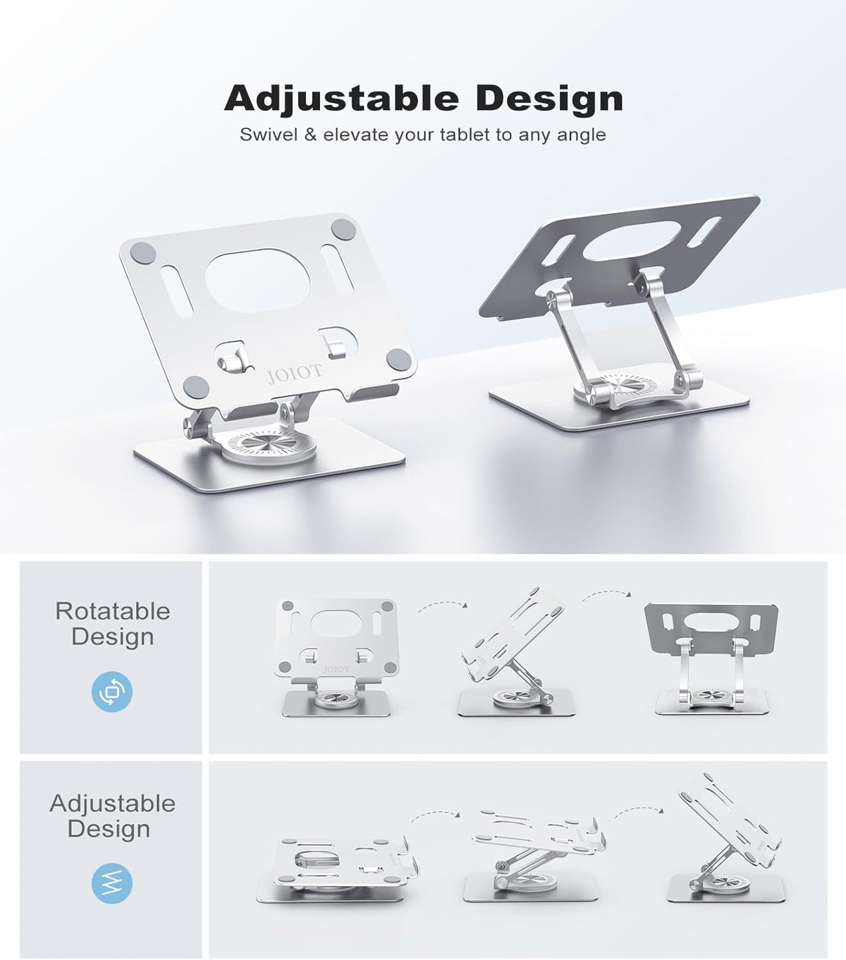 Tablet Stand, Swivel Ipad Stand with 360 Rotating Base, Adjustable Tablet Holder for Drawing, Compatible with iPad Pro/Air/Mini and More (Silver)