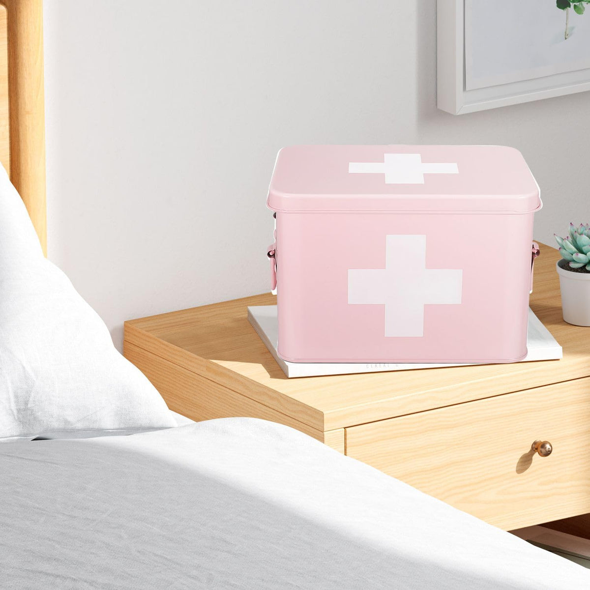 Flexzion First Aid Box Organizer, Empty 8.5 Inch Pink Vintage First Aid Kit Tin Metal Medical Box First Aid Storage Box Container Bins with Dividers, Removable Tray and Cross Logo