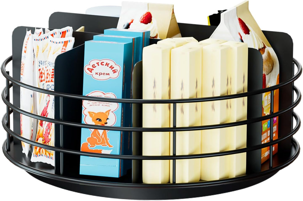 Snack Organizer - Versatile Snack Storage, Lazy Susan with Convenient Grab-and-Go Design, Metal Snack Holder for Home, Office, Breakroom, 10.85" L x 10.85" W x 5" H (Matte Black)