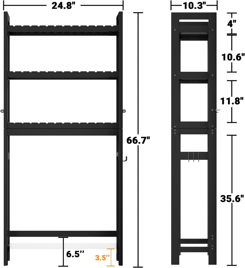 Homykic Bamboo Over The Toilet Storage Shelf, 3-Tier Above Toilet Storage Organizer Rack with 3 Hooks, Freestanding Bathroom Tower Shelf Unit for Small Space, No Rust, Easy to Assemble, Black