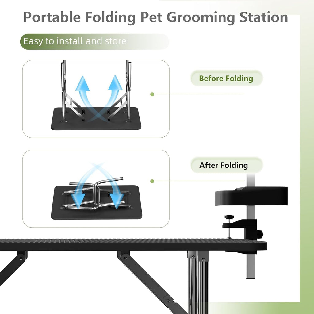 VFK 36" Dog Grooming Table,Foldable Pet Grooming Table for Dogs at Home Black Stainless Steel Bath Grooming Station with Adjustable Arm,Nooses, Mesh Tray,Tool Organizer