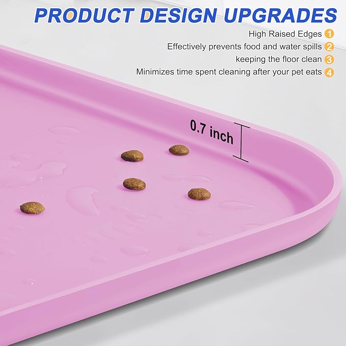 SMILOOL Silicone Pet Feeding Mat with Raised Edge for Food and Water, Dog Bowl Mats, Cat Bowls Placemat with High Lip for Floor Waterproof, Rubber Tray for Cats and Dogs 19 x 12 x0.7 Pink