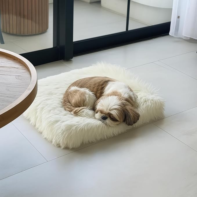 IHAPPYDOG Luxury Faux Fur Orthopedic Dog Beds, Memory Foam Crate Bed for Small, Medium, Large and XL Pets, Fluffy Pet Bed with Waterproof and Washable Cover, Fits Crates (White, 23"x18")