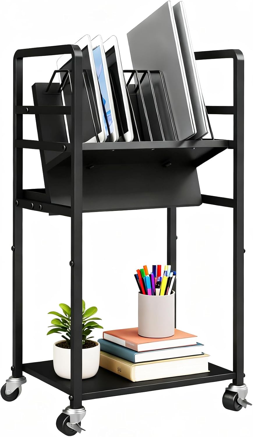 Metal Laptop Charging Station with Wheels, 12 Device Mobile Charging Cart for Laptops, Computers, Tablets and Chromebooks, Storage Rack for Office and Classroom