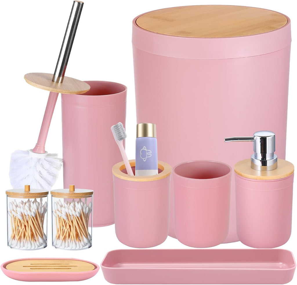 iMucci 9Pcs Pink Bathroom Accessories Set - with Trash Can,Toilet Brush,Toothbrush Holder, Lotion Soap Dispenser, Soap Dish,Toothbrush Cup,Qtip Holder,Tray
