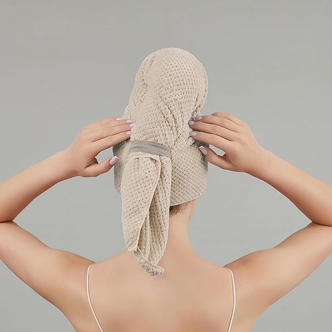 SURPRISE PIE Women Microfiber Hair Towel Wrap with Elastic Strap,Super Absorbent Anti Frizz Drying Turban for Curly, Long,Wet Hair- Beige