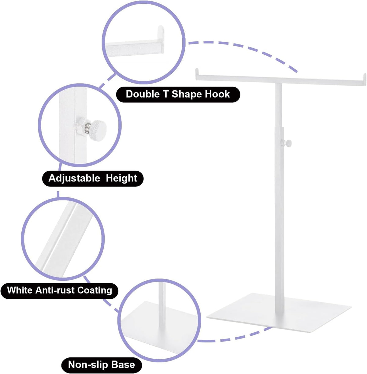 Purse Display Stand T Shaped, Countertop Jewelry/Scarf/Handbag T-Bar Display Stand, Tabletop Double Hook Hanging Stands for Long Necklaces, Metal with Adjustable Height - White