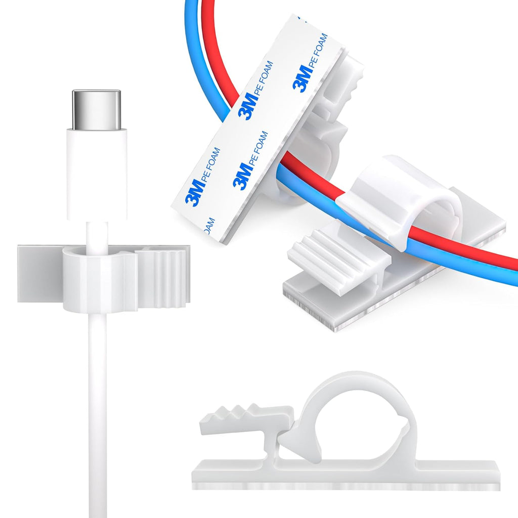 XHF 100pcs Adhesive Cable Wire Clips White, Outdoor Cable Management Wire Organizer Cord Holder for Under Desk, Car, Wall, TV PC Ethernet Cable