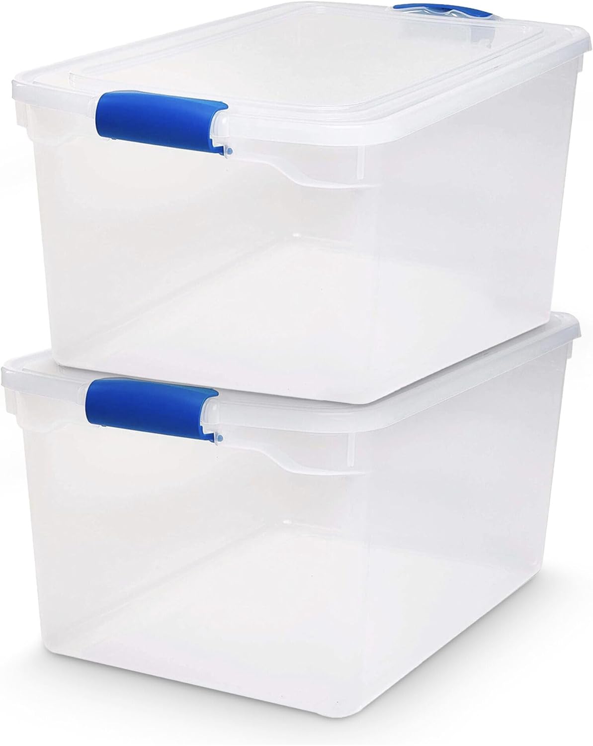 HOMZ 2-Pack Latching Lid, Large Clear Plastic Storage Bins with Lids, 66 Quart, Blue Latch - Stackable Container Boxes for Home, Bathroom, and Office Organization