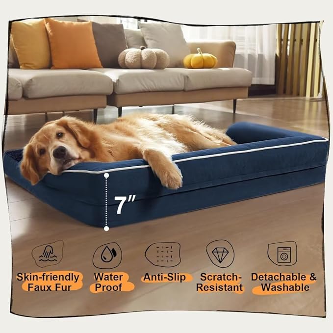 Large Dog Bed Orthopedic Washable | Beds Bolster Pet | XL Large Big Dogs | Memory Foam Couch Sofa | Waterproof with Removable Cover | Navy Blue Dog Bed