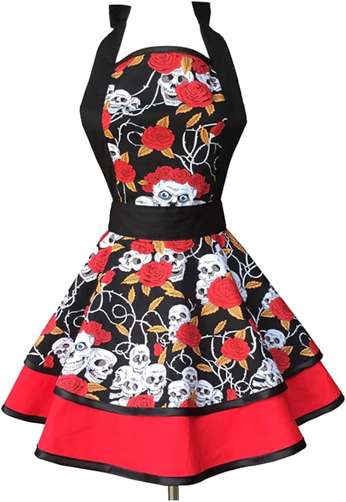 Hyzrz Halloween Costume Skull Skeleton Bones Featured Retro Aprons for Women Girls Cake Kitchen Cook Apron (Skull head)