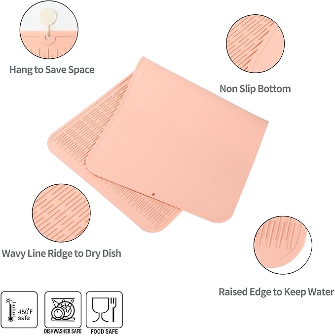 Silicone Dish Drying Mat for Multiple Usage,Easy clean,Eco-friendly,Heat-resistant Silicone Mat for Kitchen Counter or Sink,Refrigerator or Drawer Liner Pink 5XL 36inches x 18inches